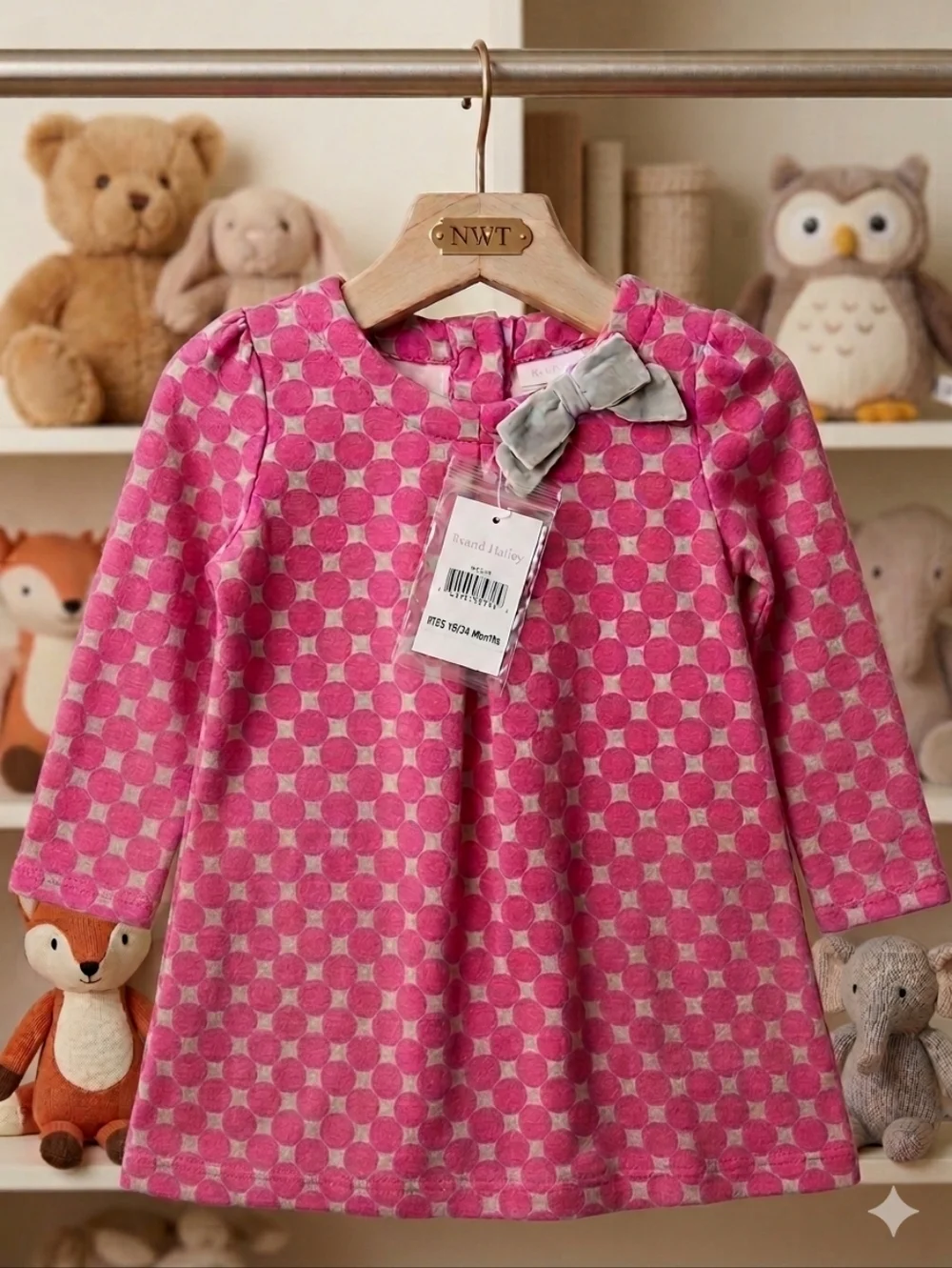 Gymboree Pink Polka Dot Long Sleeve Dress w/ Bow, Size 18/24m, EPreLC